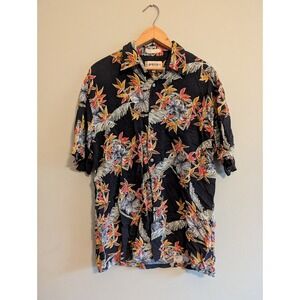 Vintage Campia Moda Black Hawaiian Shirt M Resort Vacation Beach Tropical Orange